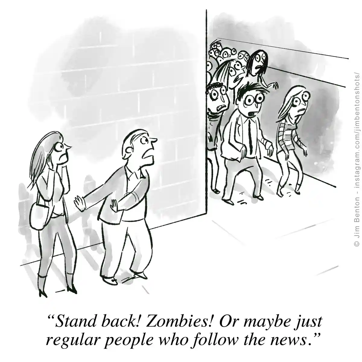 A black-and-white cartoon depicts two people reacting with alarm to a group of people emerging from a doorway. The emerging…