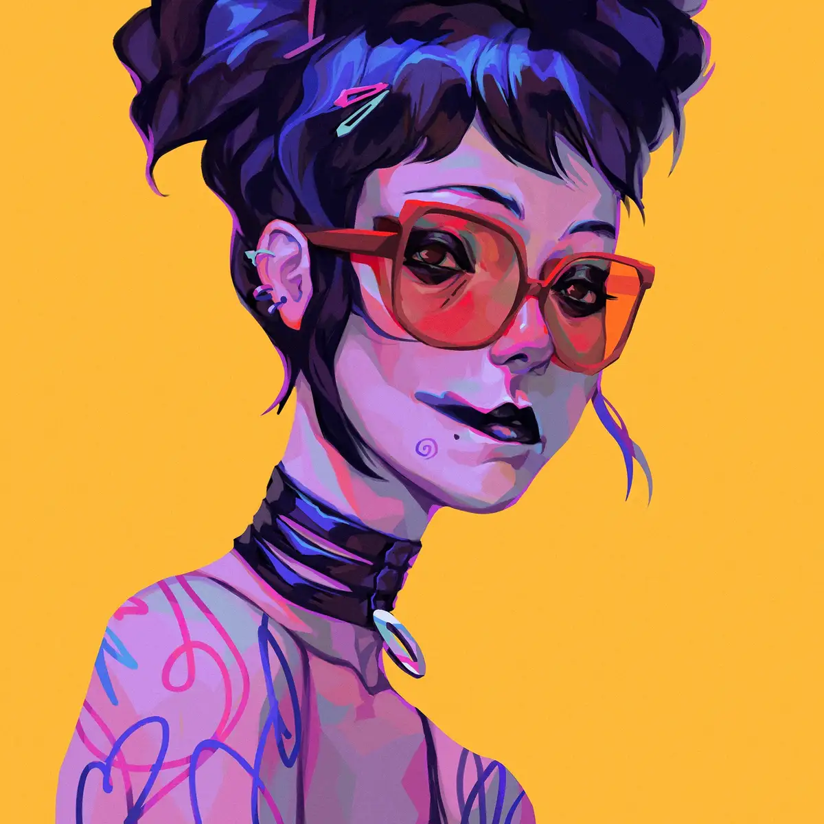 A stylized digital illustration of a woman with dark hair in a messy bun, wearing large red-framed glasses, multiple ear…