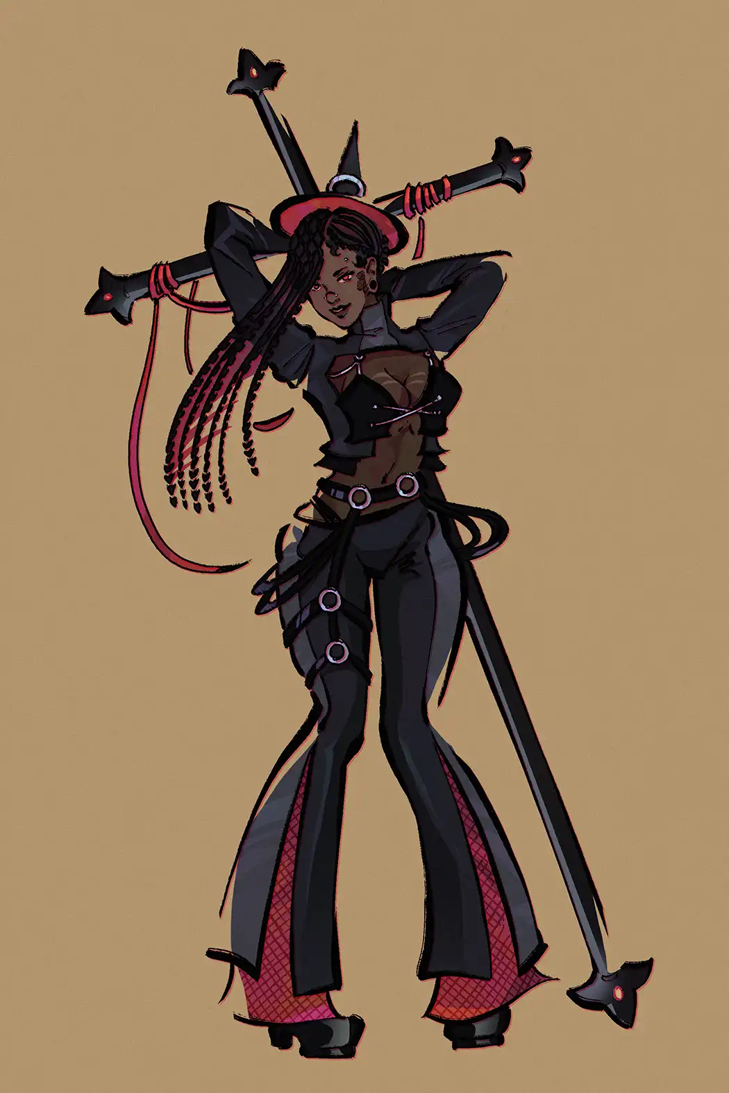A stylized illustration of a Black woman with braided hair and red eyes, wearing a black outfit with red accents and a…