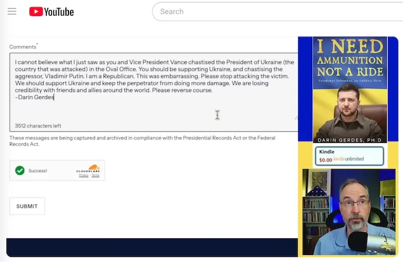 A screenshot of a YouTube comment section shows a user named Darin Gerdes submitting a long comment criticizing political…
