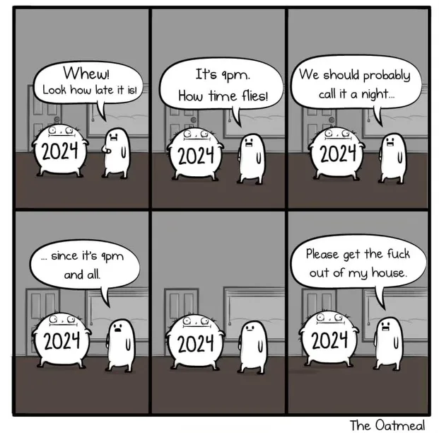 A six-panel comic strip from The Oatmeal shows a person and the year 2024 as two cartoon characters. The person expresses…