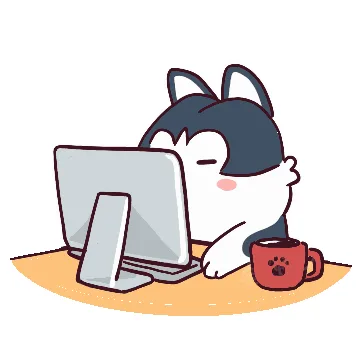 A six-panel comic strip shows a cartoon husky at a desk with a computer and coffee mug. In the first three panels, the husky…