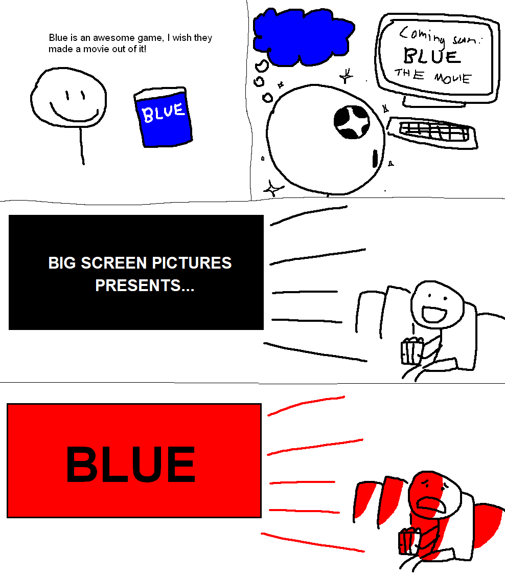 A three-panel comic strip shows a stick figure excitedly praising the game 'Blue' and wishing for a movie adaptation. The…