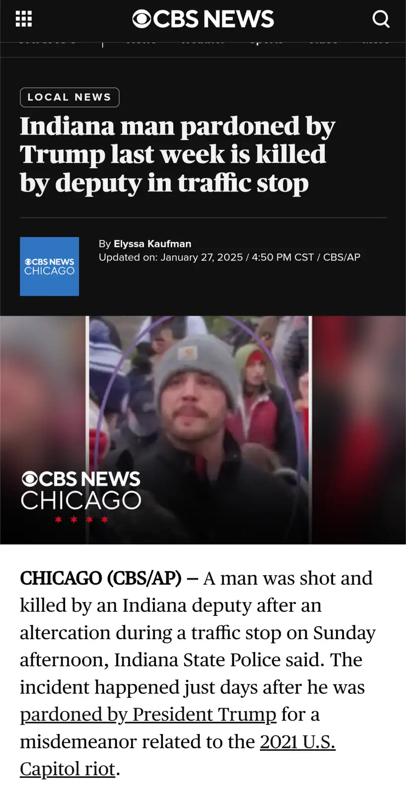A screenshot of a CBS News Chicago article with a headline stating 'Indiana man pardoned by Trump last week is killed by…