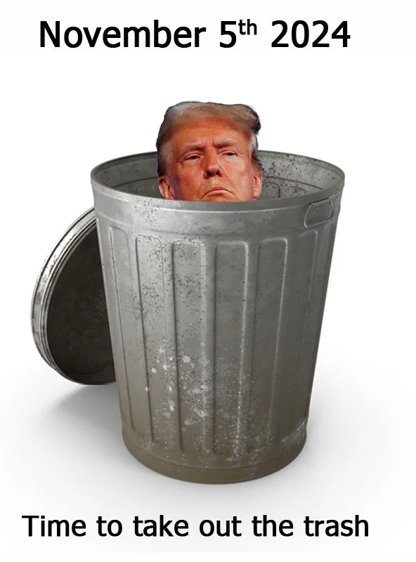 A digitally altered image shows the head of Donald Trump emerging from a metal trash can with its lid open. The text at the…