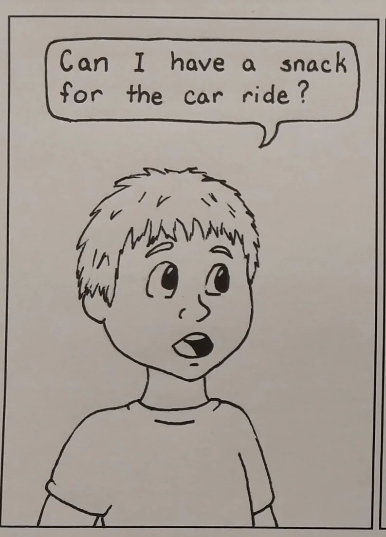 A simple black-and-white cartoon drawing shows a young child with wide, innocent eyes and slightly open mouth, looking…