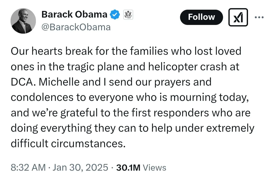 A screenshot of a tweet from Barack Obama's verified Twitter account, dated January 30, 2025, expressing condolences for a…