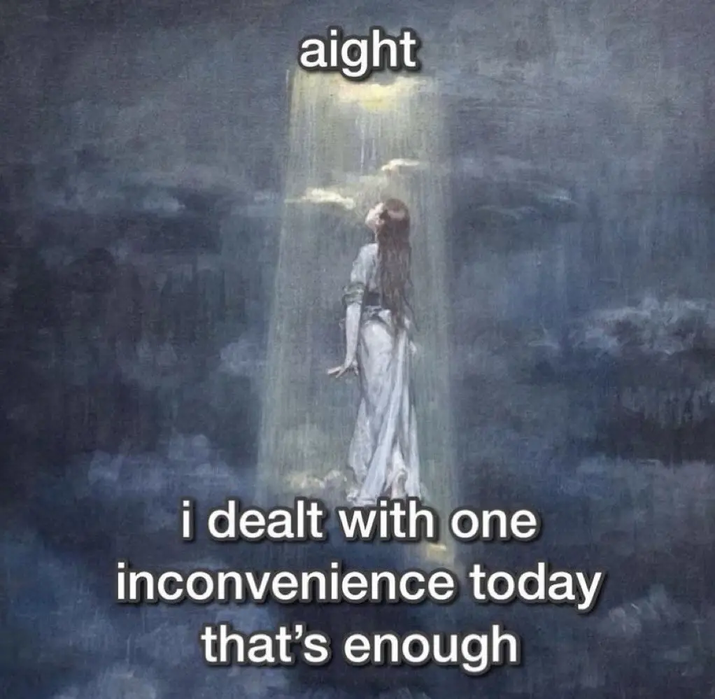 A painting depicts a woman in a white dress standing in a beam of light amidst dark clouds, looking upward. Overlaid text…