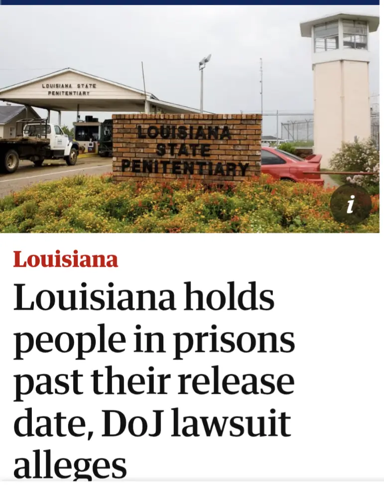 An image of the Louisiana State Penitentiary entrance with a brick sign and guard tower, overlaid with a news headline…