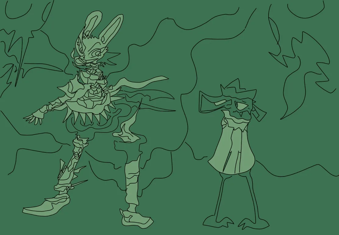 Two stylized, green-toned cartoon characters stand against a dark green background with abstract line art. The character on…