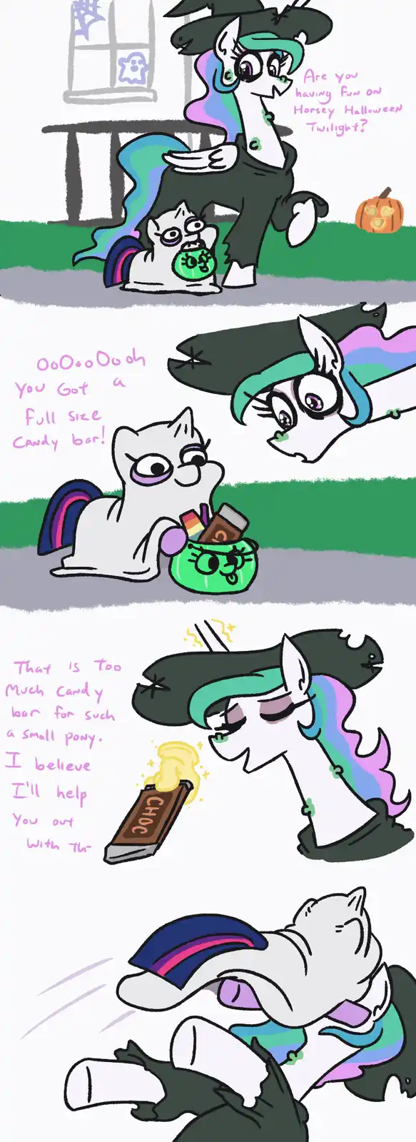 A four-panel comic featuring Twilight Sparkle dressed as a witch and a small pony in a ghost costume. Twilight asks if the…