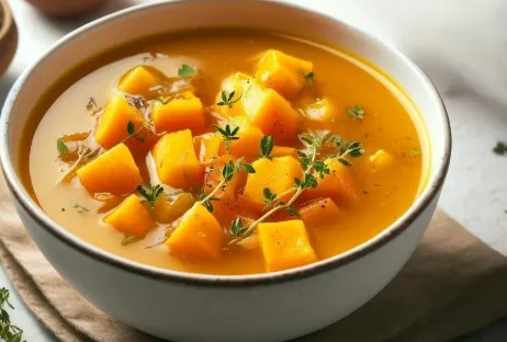 a close-up photograph of a white ceramic bowl filled with orange-colored soup containing visible chunks of cubed butternut…