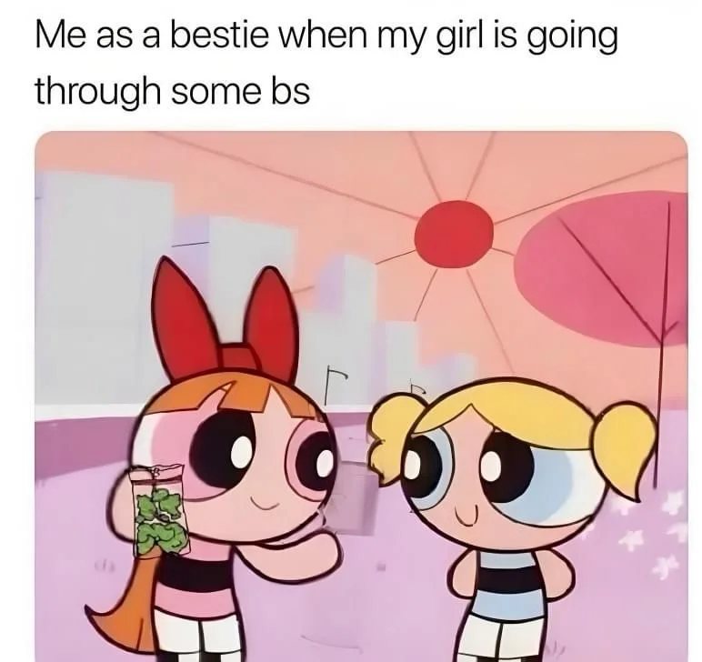 Two cartoon girls from The Powerpuff Girls, one with orange hair and red pigtails holding a bag of green snacks, the other…