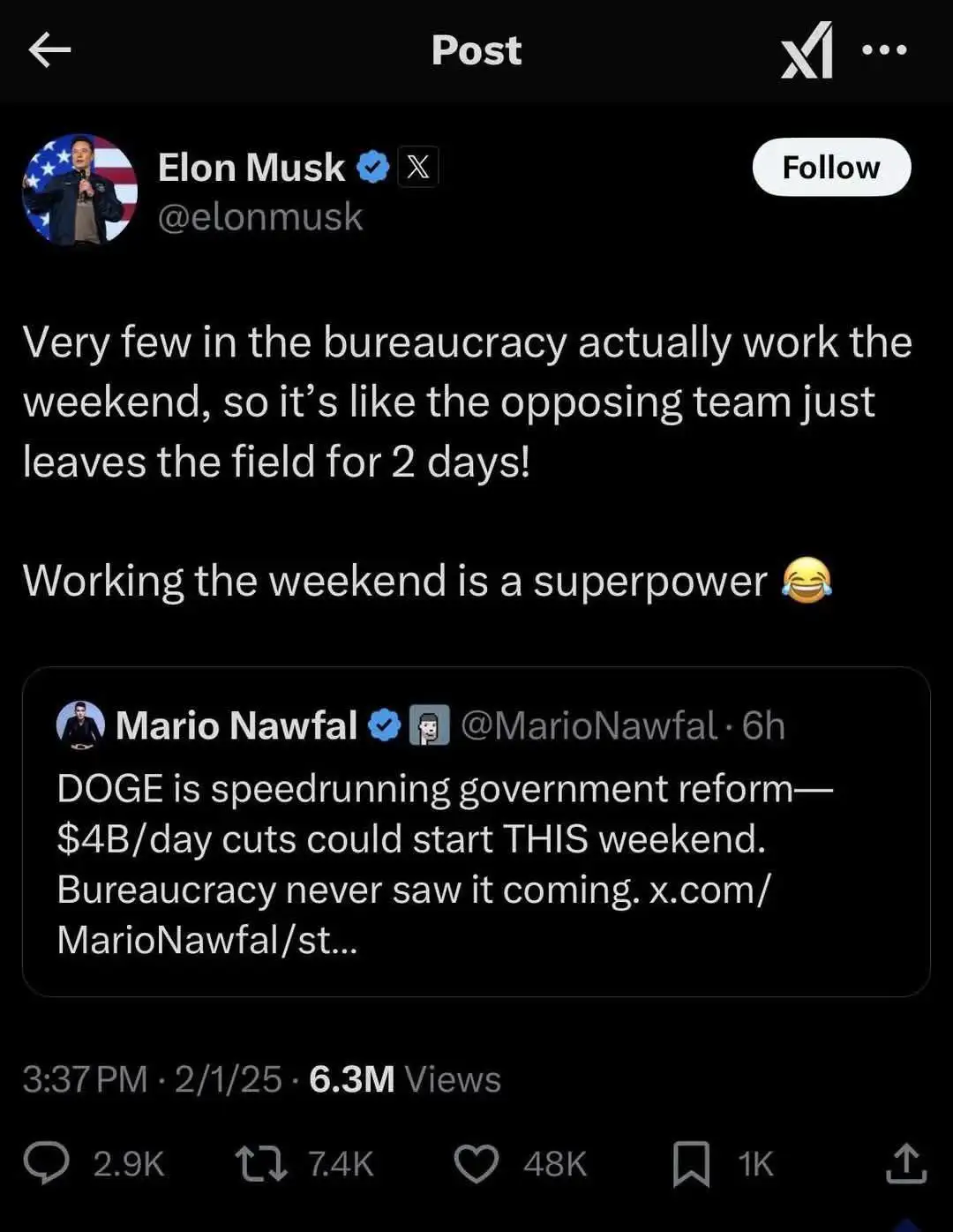 A screenshot of an X (Twitter) post by Elon Musk, who comments on bureaucracy not working weekends, comparing it to the…