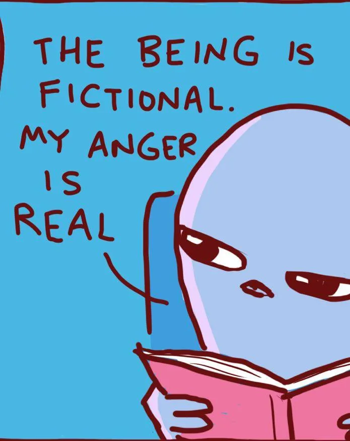 A cartoon drawing of a light blue, bald, angry-looking character with narrowed eyes reading a pink book. Text in red…