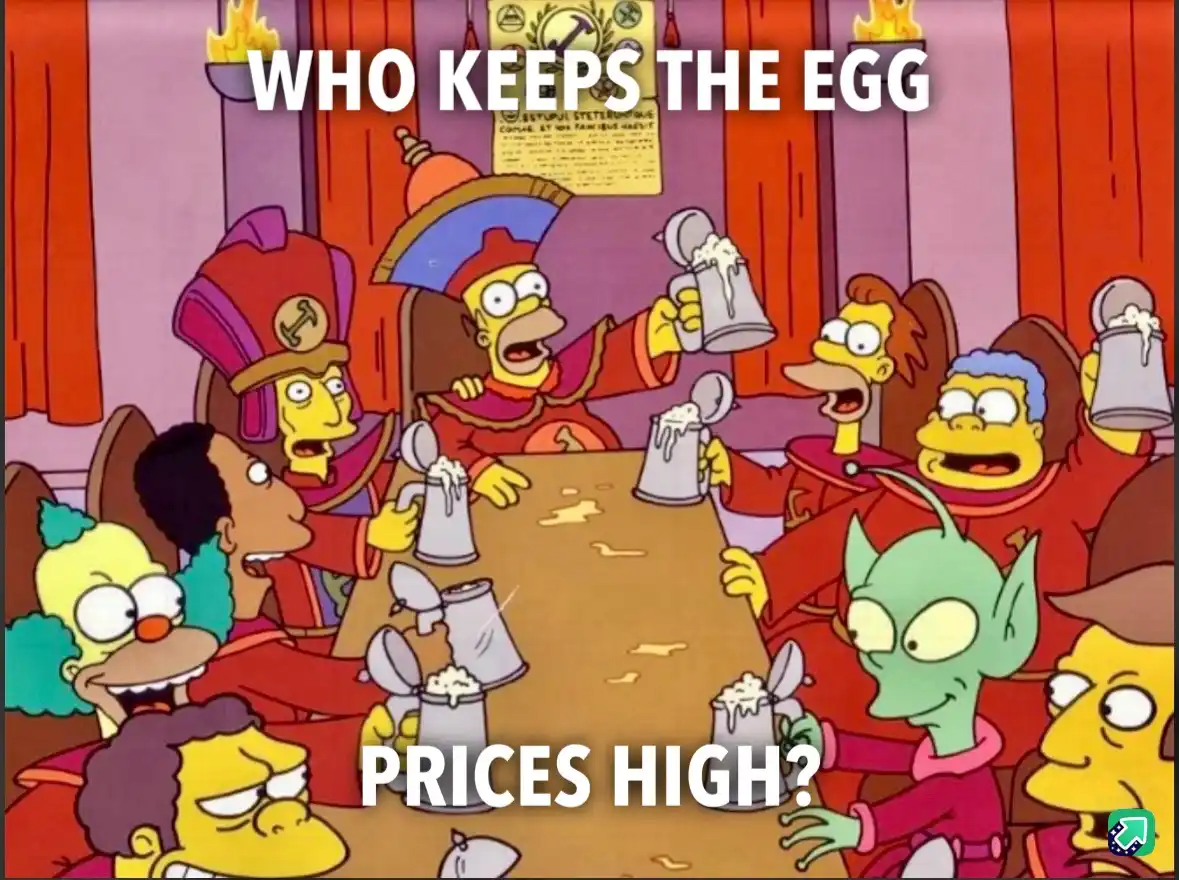 A group of Simpsons characters dressed in Roman-style robes sit around a table with overflowing beer mugs, looking excited…