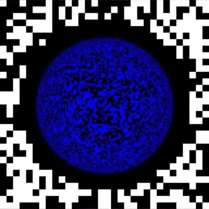 A black and white pixelated QR code pattern surrounds a central blue circle filled with static-like noise. Overlaid text…