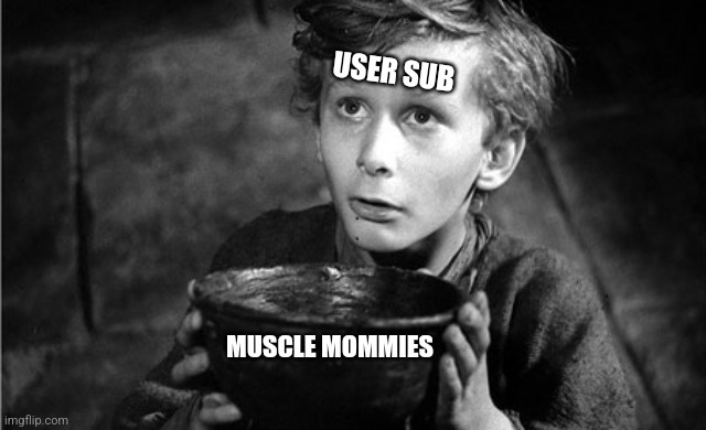 A black-and-white image of a young boy with wide, surprised eyes holding a bowl, with the text 'USER SUB' above his head and…