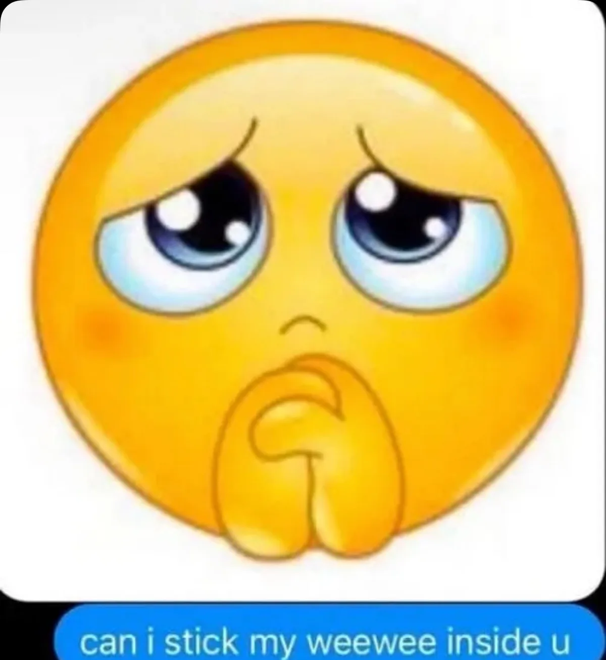 A close-up of a yellow cartoon emoji with large, teary, droopy eyes and a small frown, covering its mouth with its hand in a…