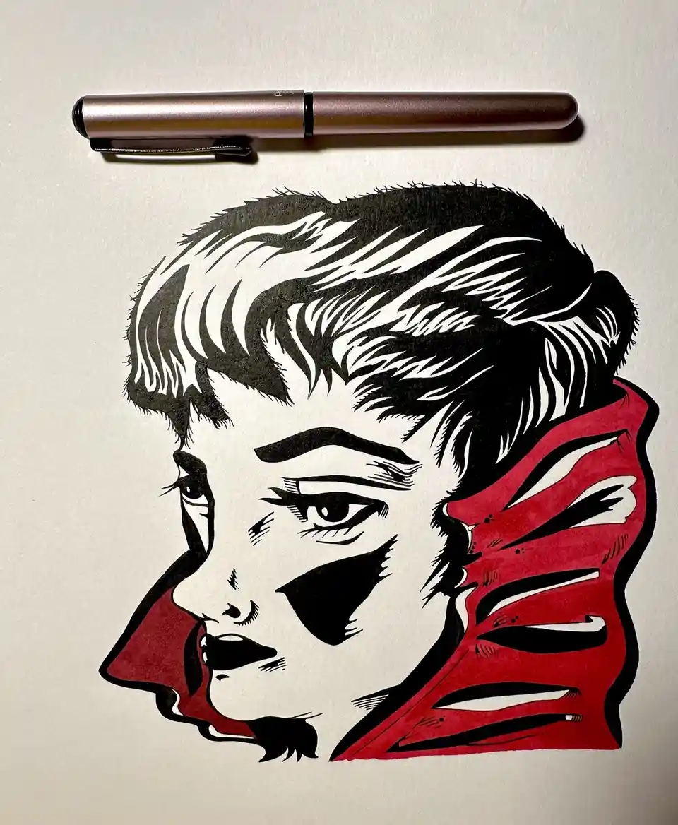 A black-and-white ink drawing of a person's face in profile, with a red cape or collar, is shown on white paper. A metallic…