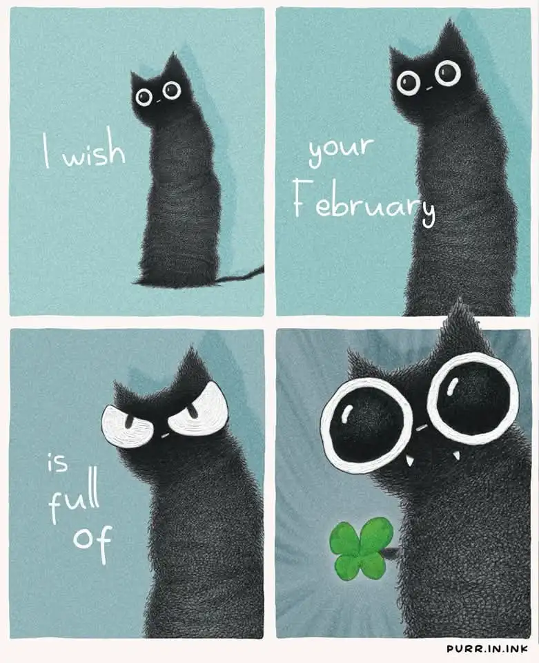 A four-panel comic strip featuring a black cat with changing expressions. In the first panel, the cat looks up with a…