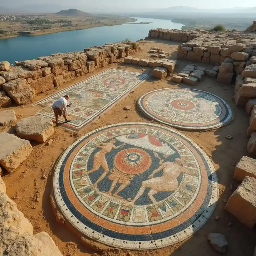 An archaeologist in a white shirt and khaki shorts is kneeling and photographing a large, intricate mosaic on the ground at…