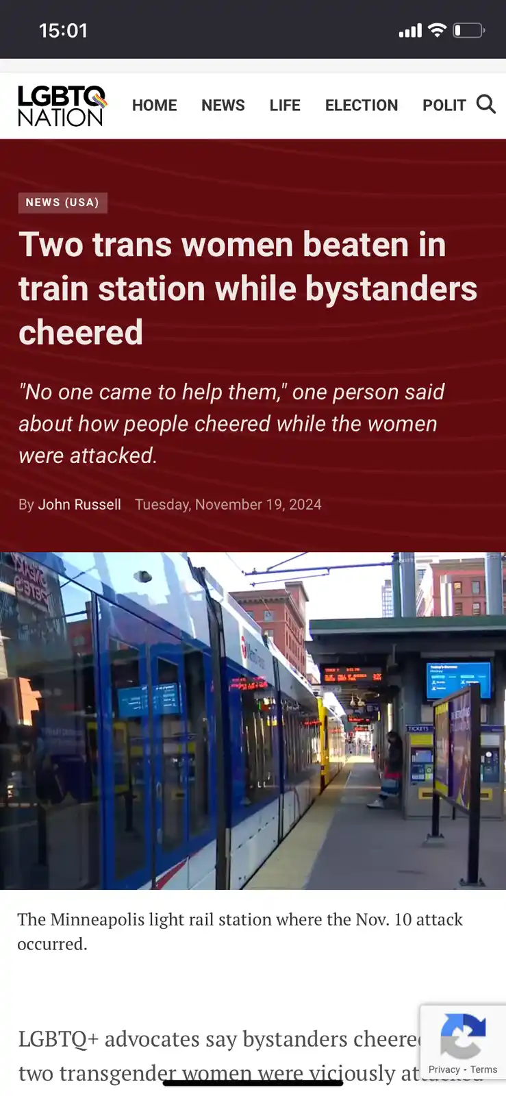 A screenshot of an LGBTQ Nation news article with a headline reading 'Two trans women beaten in train station while…