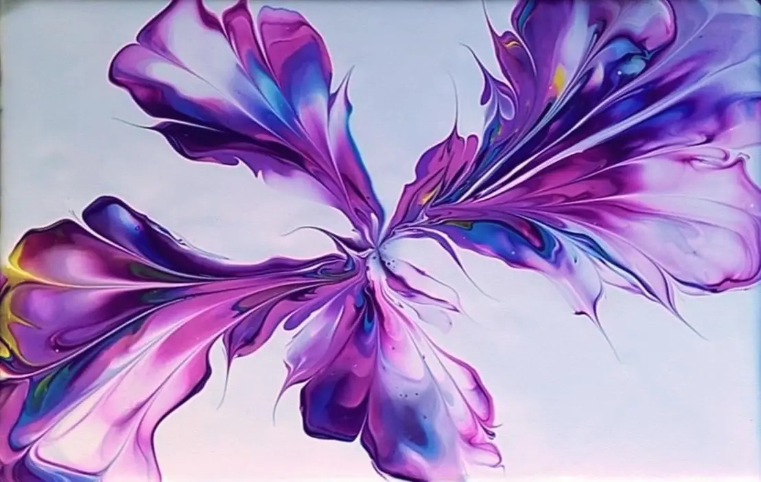 An abstract painting of a symmetrical, four-winged butterfly-like shape made of swirling purple, blue, and white paint on a…
