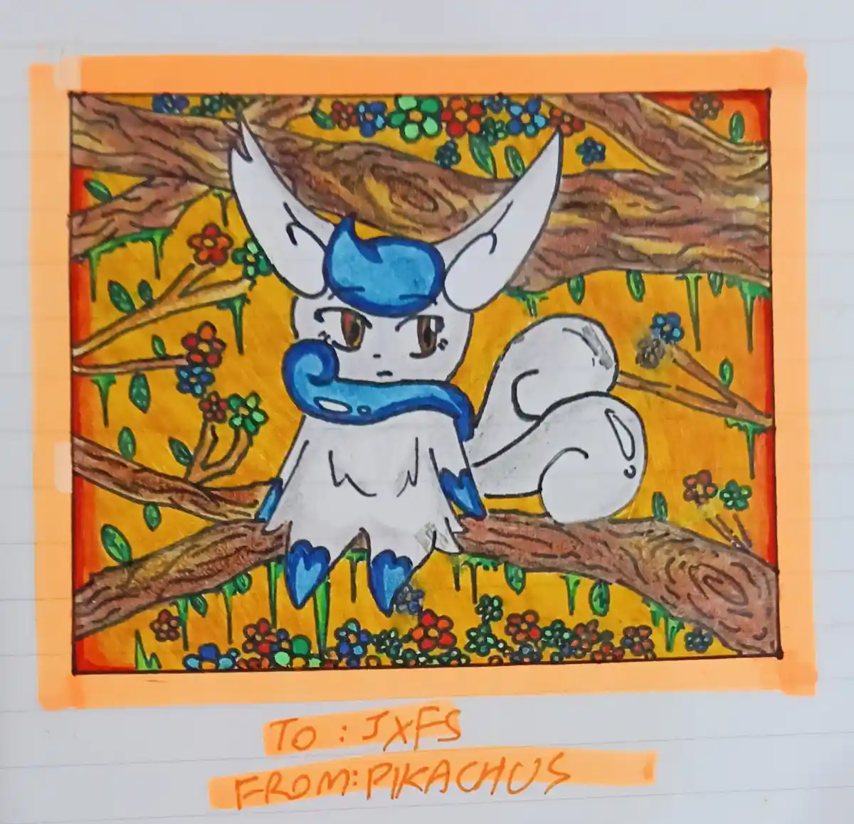 A hand-drawn, colored illustration of the Pokémon Glaceon sitting on a tree branch in a floral, forest setting. The drawing…