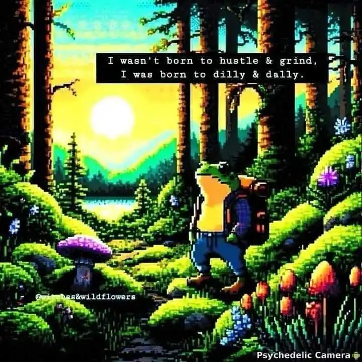 A pixel-art image depicts a frog wearing a plaid shirt, jeans, and a backpack, walking through a vibrant, colorful forest…