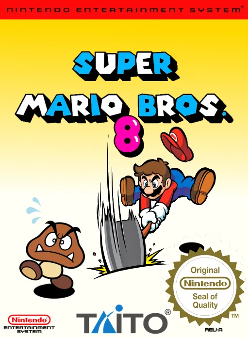 A parody of the Super Mario Bros. game cover, featuring Mario mid-air with a large pink '8' replacing the original '1'…