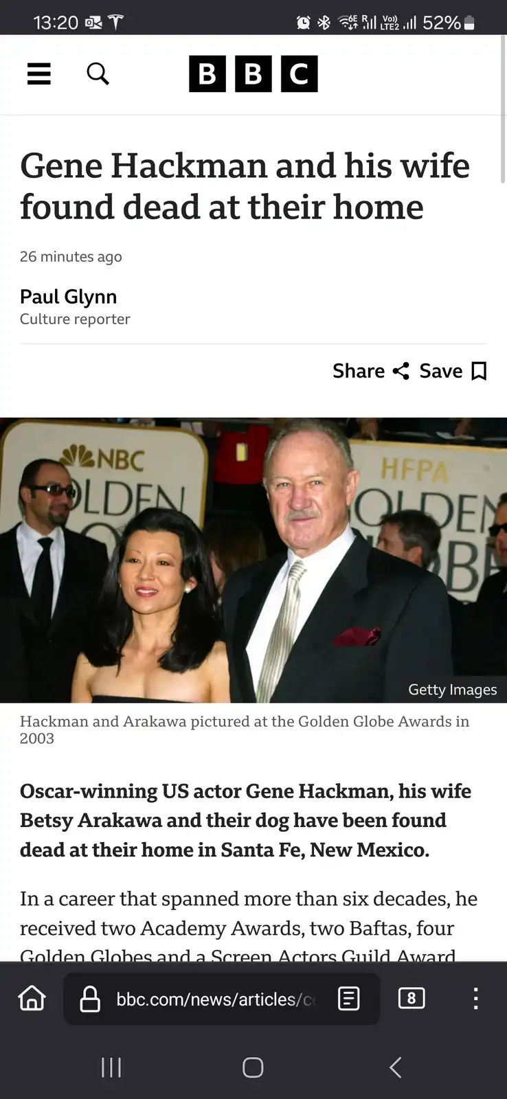 A screenshot of a BBC news article about Gene Hackman and his wife Betsy Arakawa being found dead at their home in Santa Fe…