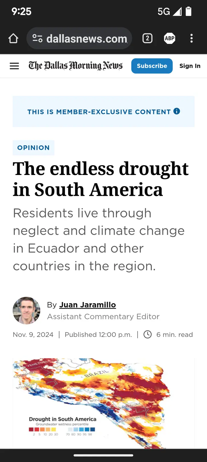 A screenshot of a Dallas Morning News article titled 'The endless drought in South America' by Juan Jaramillo, showing a map…