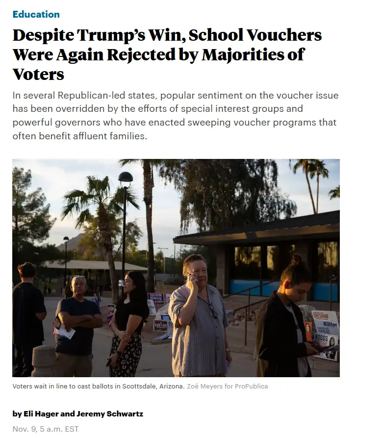 A news article screenshot shows voters waiting in line outside a polling place in Scottsdale, Arizona, with palm trees and a…