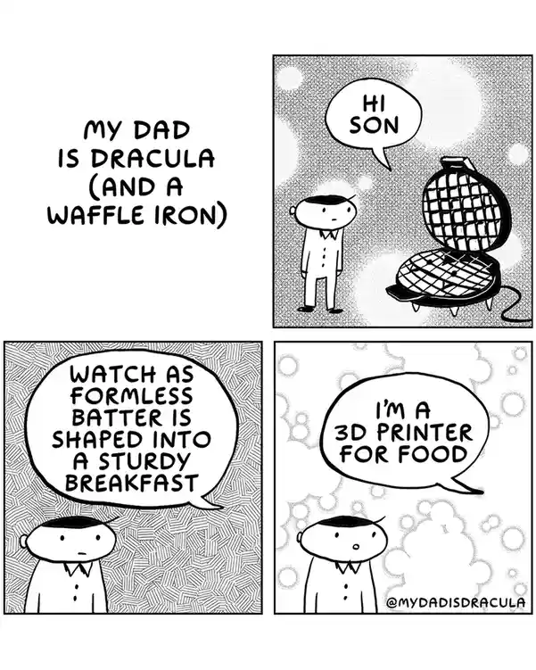 A four-panel comic strip where a son meets his dad, who is revealed to be a waffle iron shaped like Dracula. The dad…