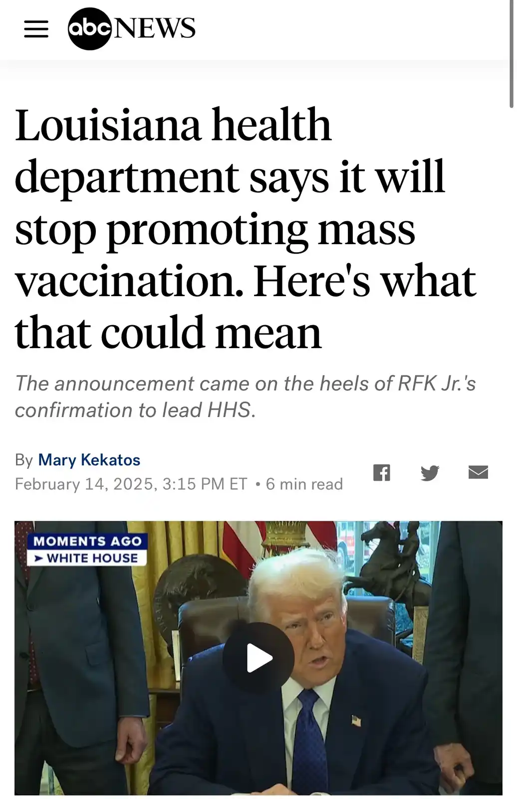 An abcnews.com article screenshot shows a headline about Louisiana stopping mass vaccination promotion, with a video…