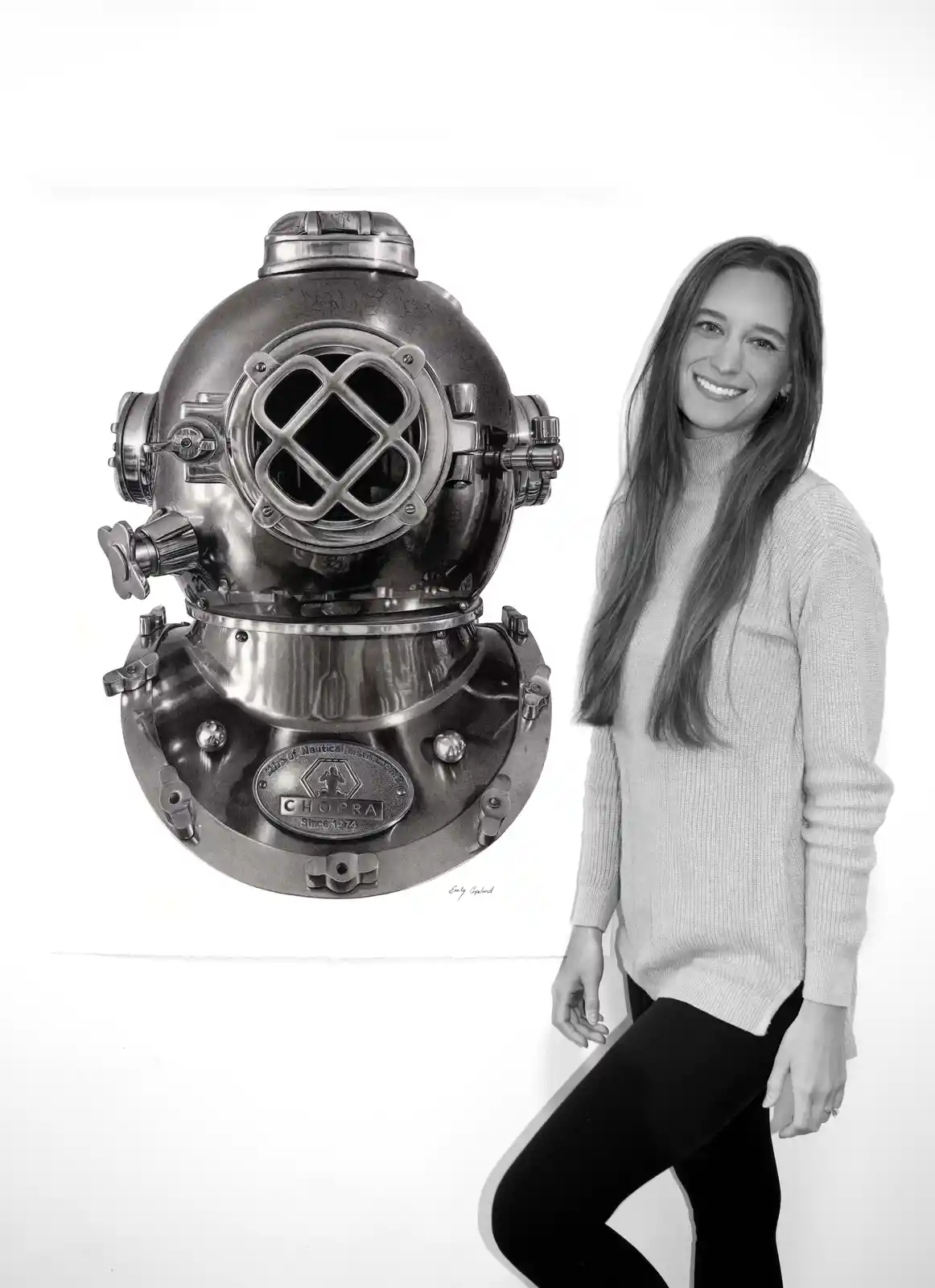 A black-and-white image shows a smiling woman standing next to a detailed drawing of a vintage diving helmet. The helmet has…