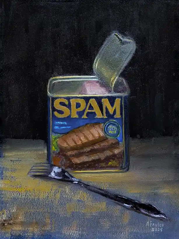 A painting depicts an open can of SPAM with its lid lifted, revealing the meat inside, and a fork lying on the surface…