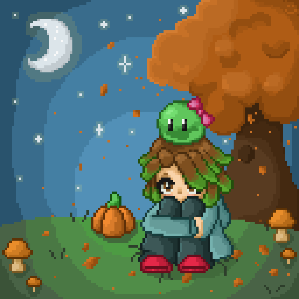 A pixel art image shows a young girl with brown hair and red shoes sitting under a tree at night, hugging herself. A small…