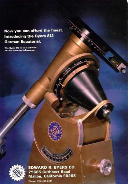 A vintage advertisement for the Byers 812 German Equatorial telescope, showing a brass-colored telescope mount against a…