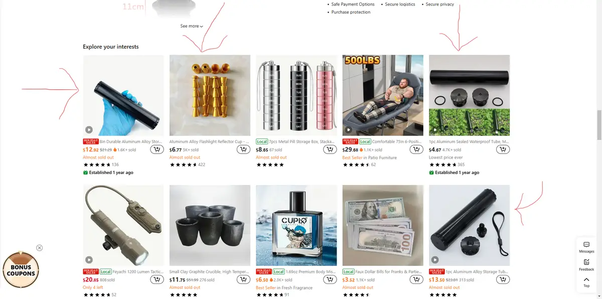 An online marketplace product page showing various items like flashlight cups, pill boxes, a recliner chair, and fake money…