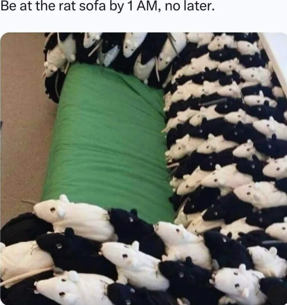 A green sofa is covered with numerous plush toy rats, alternating in black and white, filling the entire seating surface…
