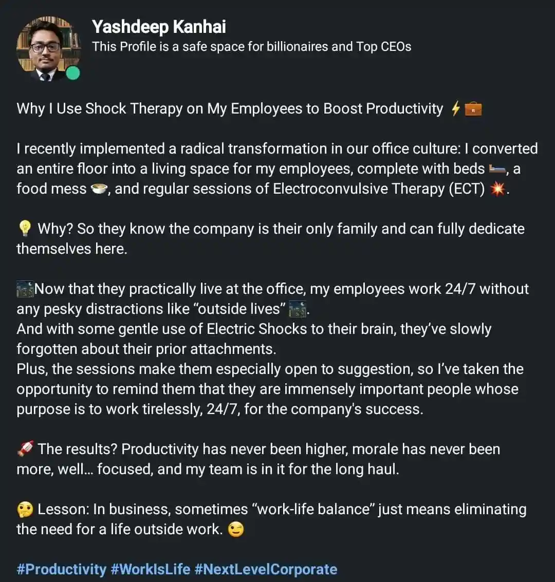 A screenshot of a social media post by Yashdeep Kanhai, who claims to have implemented 'shock therapy' and converted an…