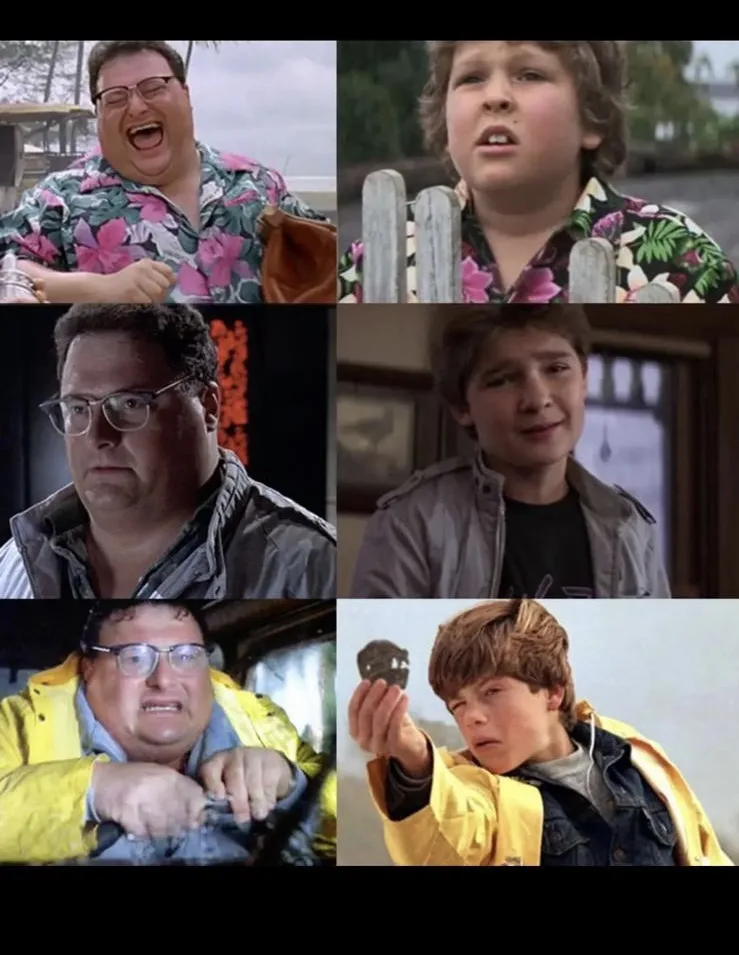A six-panel grid shows scenes from the movie 'The Sandlot'. Top left: a man in a floral shirt laughs hysterically. Top…