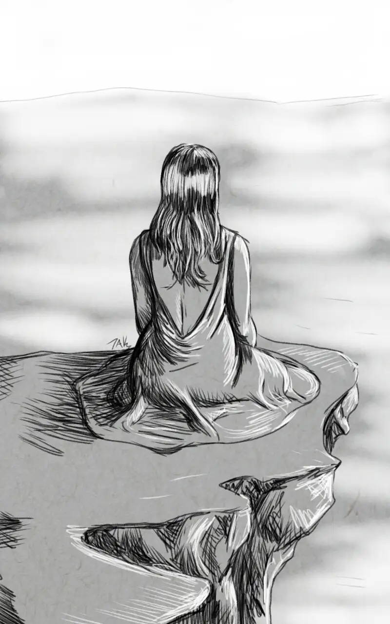 A black-and-white sketch shows a woman with long hair sitting on the edge of a cliff, viewed from behind, overlooking a…