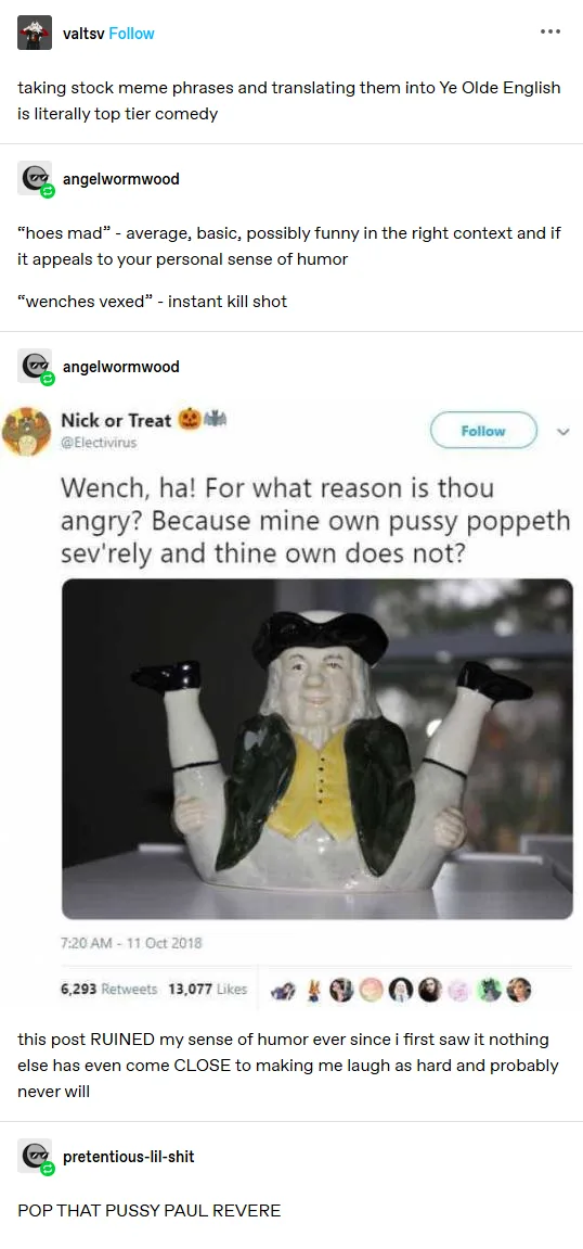 A ceramic figurine of a smiling man in historical clothing with his legs kicked up, overlaid with text in archaic English…