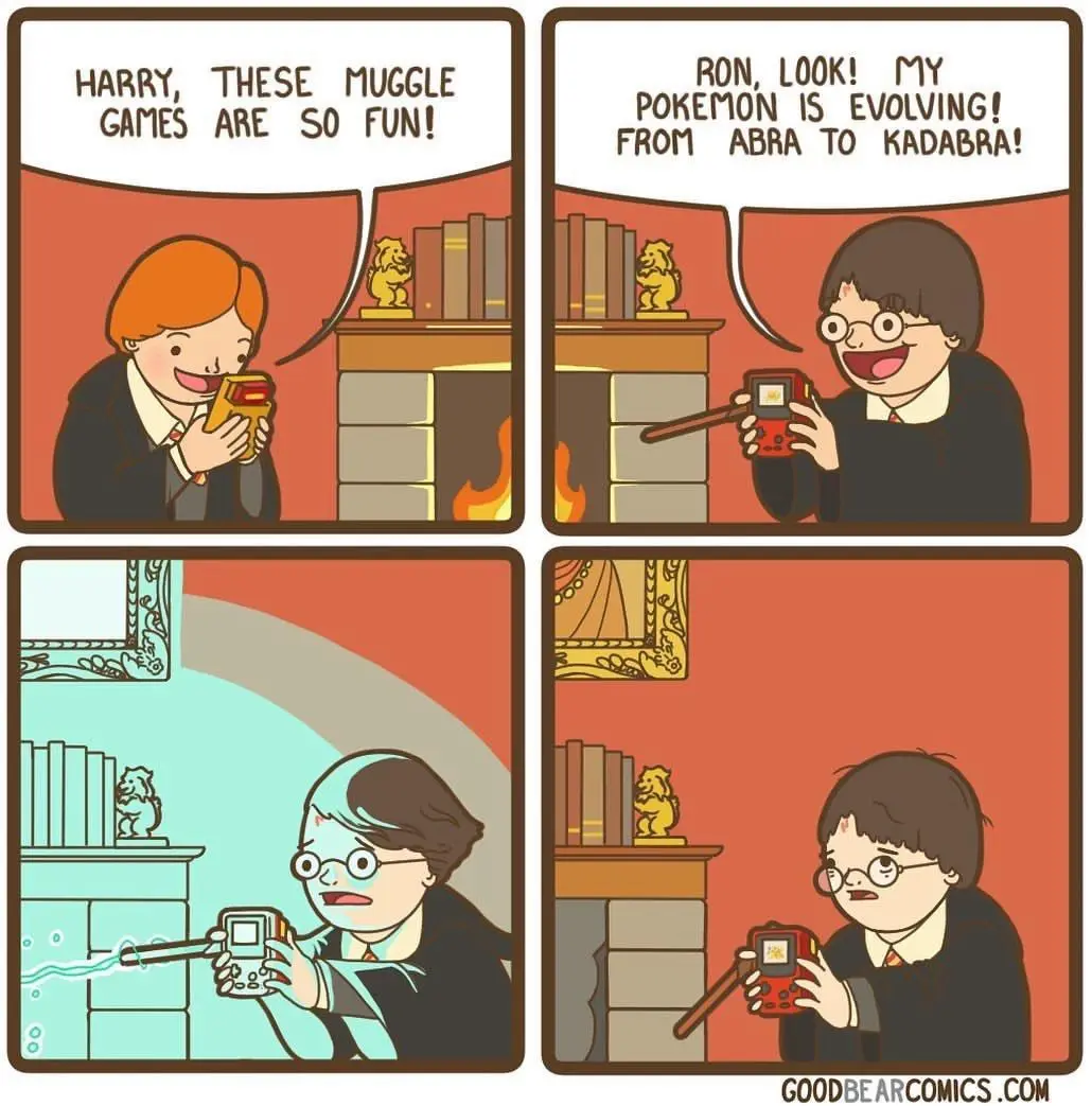 A four-panel comic strip shows Harry Potter and Ron Weasley playing handheld video games. In the first panel, Ron excitedly…