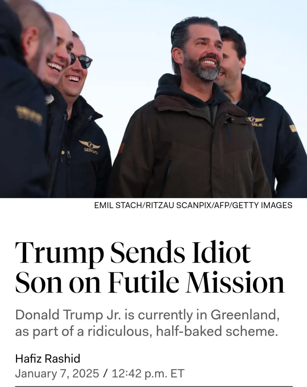 A photo shows several men in jackets, one central man with a beard smiling, overlaid with a fake news article headline…