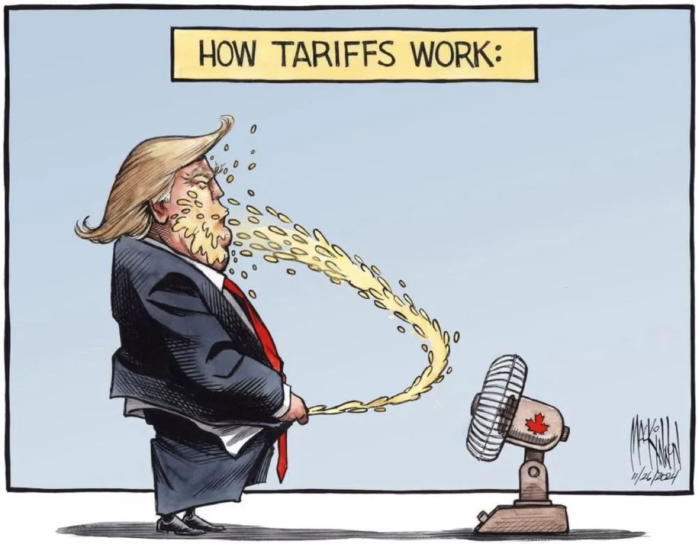 A cartoon depicts a caricature of Donald Trump blowing a stream of yellow coins from his mouth toward a small fan with a…