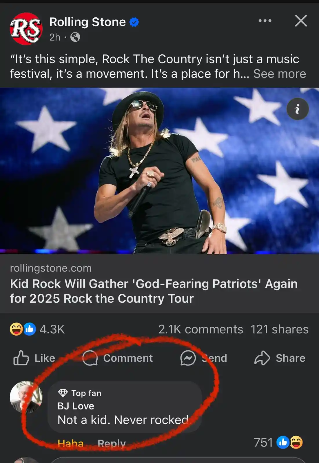 A screenshot of a Rolling Stone Facebook post featuring musician Kid Rock performing on stage against a star-spangled…